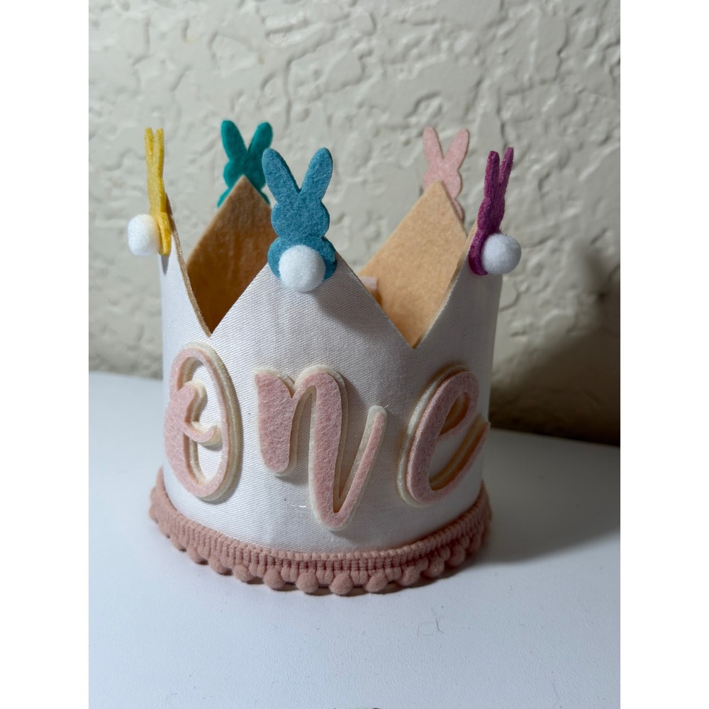 First Birthday Bunny Crown Baby OS White Felt Pom Pom NEW Set of 5